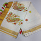 Elegant Kerala Cotton Saree with Peacock Motif & Golden Kasavu Border