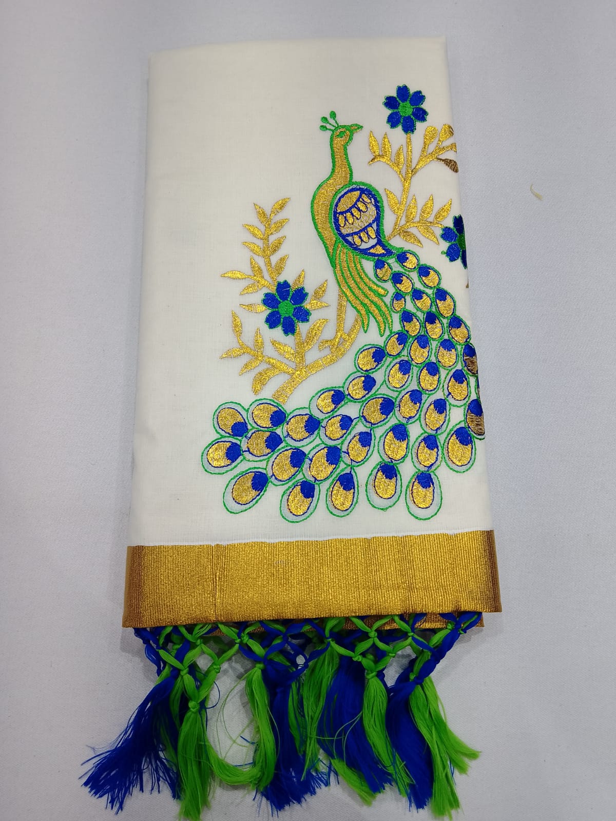 Elegant Kerala Cotton Saree with Royal Peacock Embroidery & Golden Kasavu Border