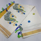 Elegant Kerala Cotton Saree with Royal Peacock Embroidery & Golden Kasavu Border