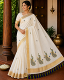 Elegant Kerala Cotton Saree with Royal Peacock Embroidery & Golden Kasavu Border