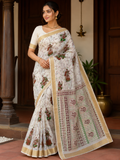 Traditional Kerala Cotton Saree with Folk Dance Print & Golden Kasavu Border