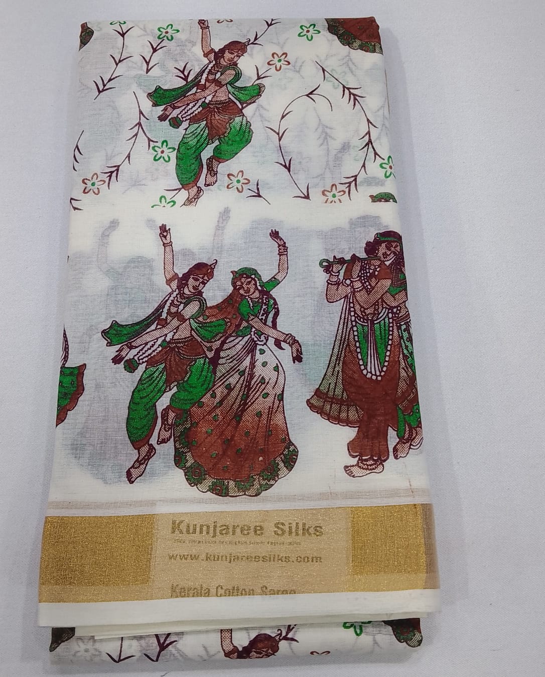 Traditional Kerala Cotton Saree with Folk Dance Print & Golden Kasavu Border