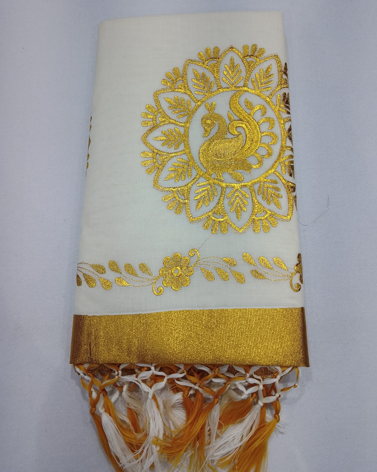 Kerala Cotton Saree with Golden Swan Mandala Motif & Temple Gold Border