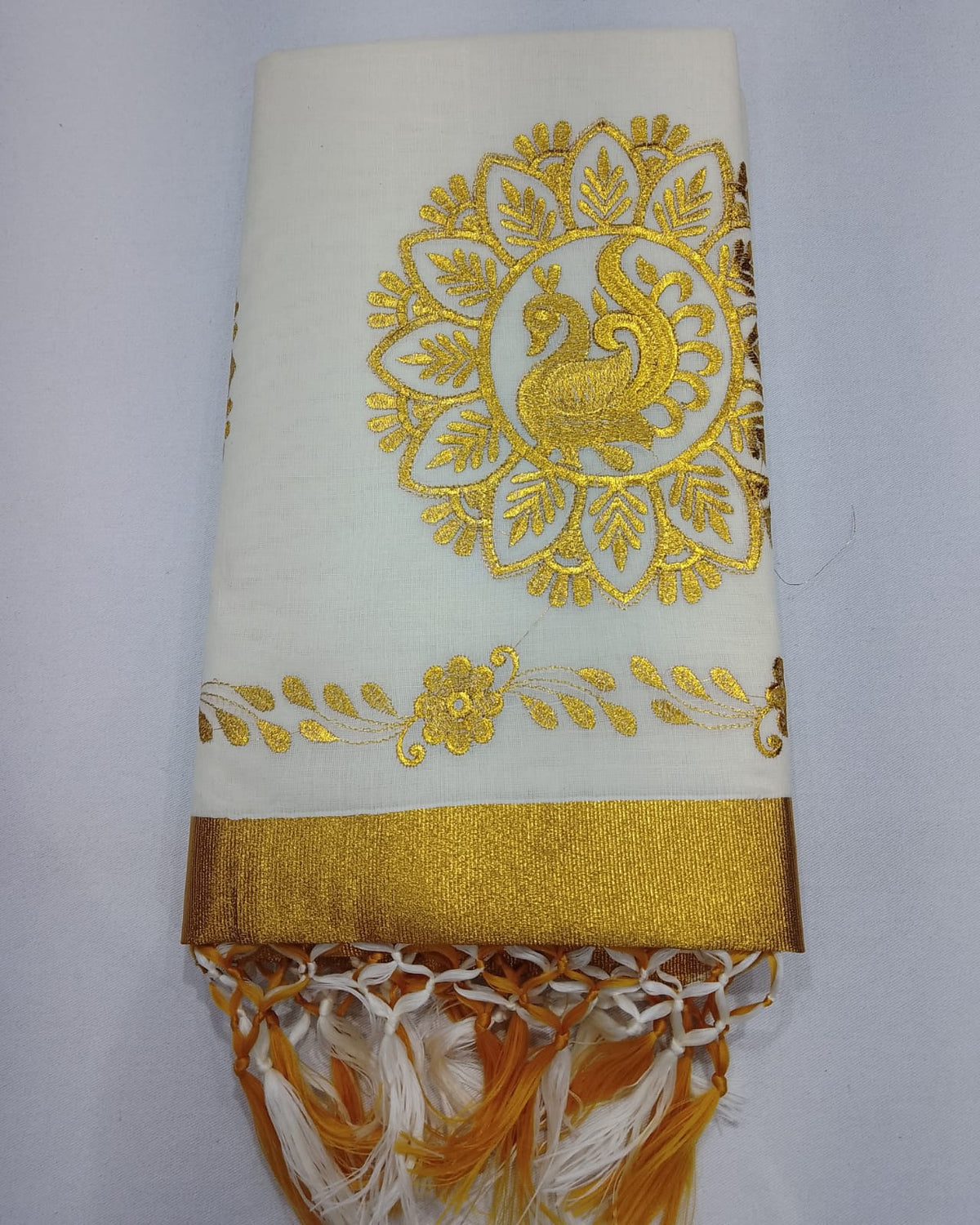 Kerala Cotton Saree with Golden Swan Mandala Motif & Temple Gold Border