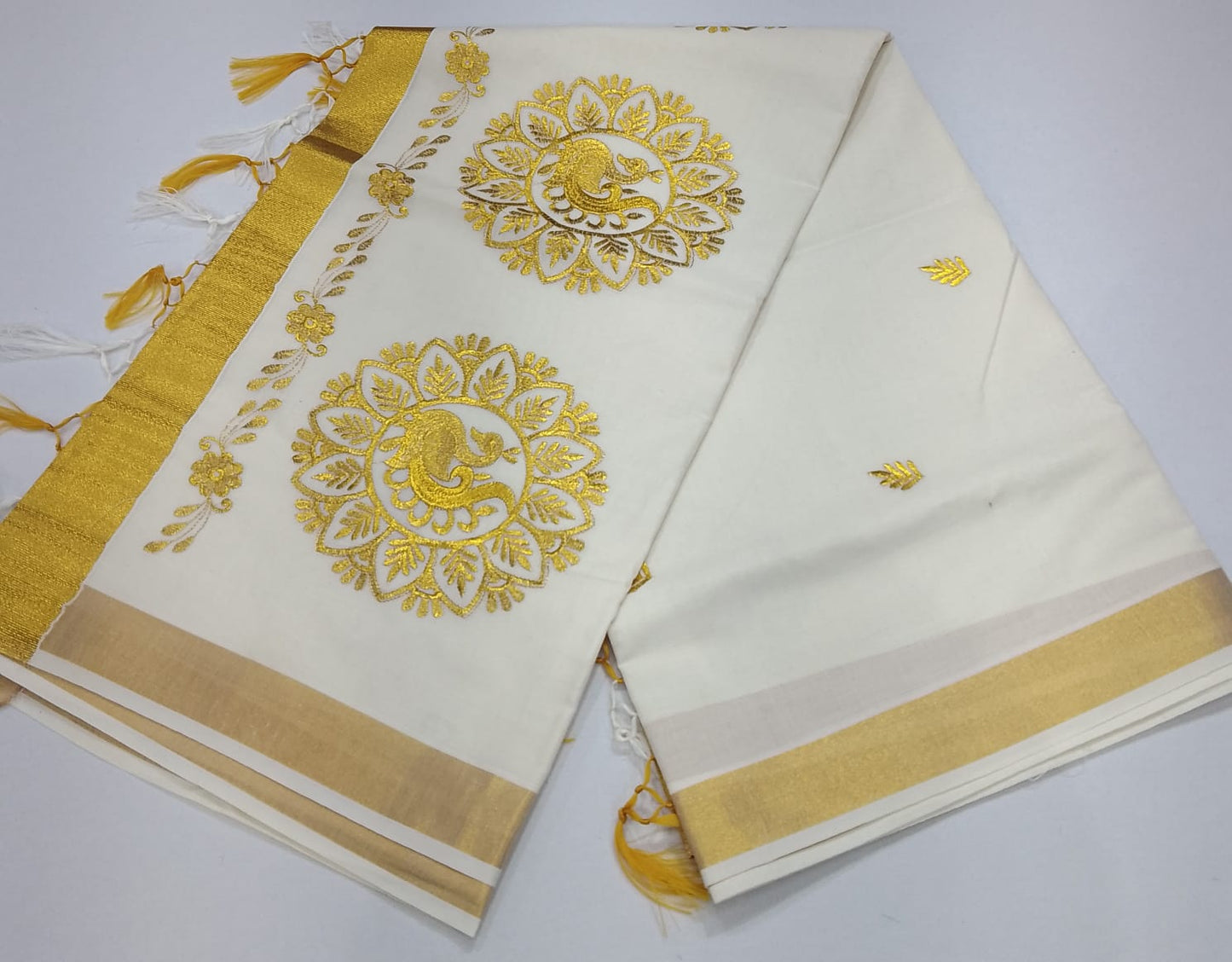 Kerala Cotton Saree with Golden Swan Mandala Motif & Temple Gold Border
