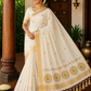 Kerala Cotton Saree with Golden Swan Mandala Motif & Temple Gold Border