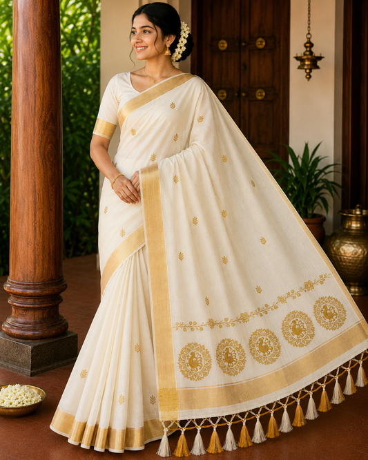 Kerala Cotton Saree with Golden Swan Mandala Motif & Temple Gold Border