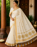 Kerala Cotton Saree with Golden Swan Mandala Motif & Temple Gold Border