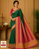 Bottle Green & Red Pure Mysore Silk Saree with Traditional Gold Zari Border