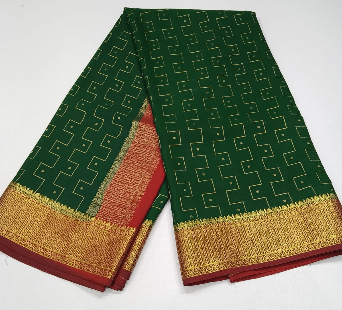 Bottle Green & Red Pure Mysore Silk Saree with Traditional Gold Zari Border
