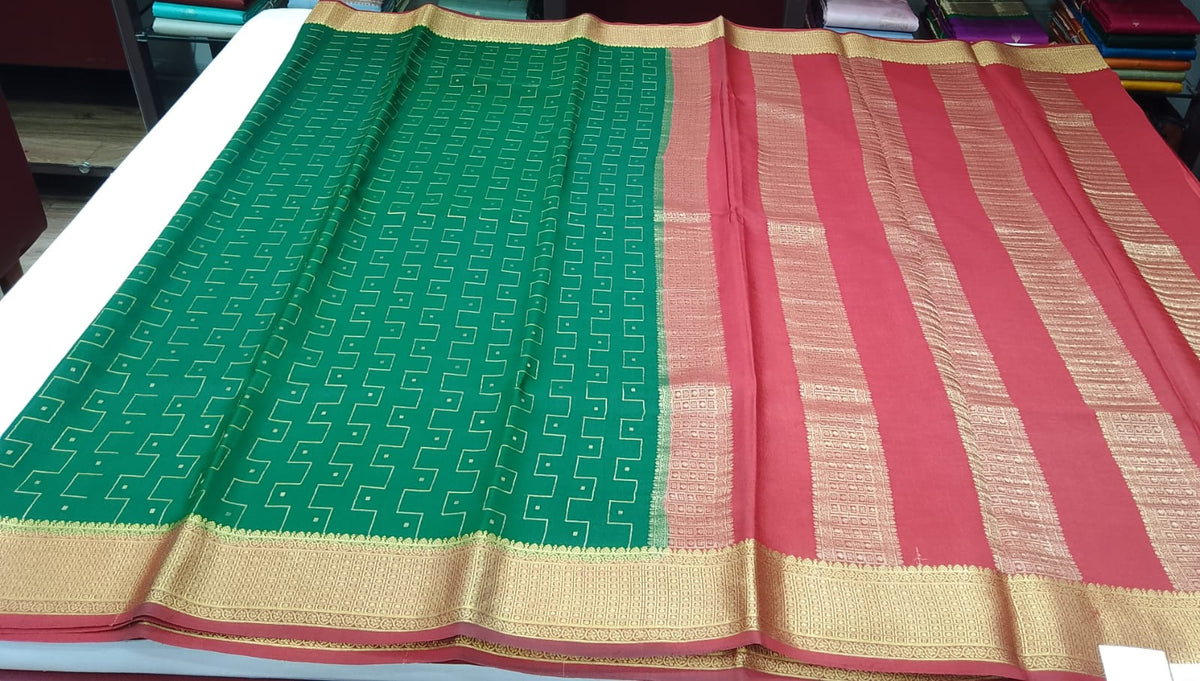 Bottle Green & Red Pure Mysore Silk Saree with Traditional Gold Zari Border