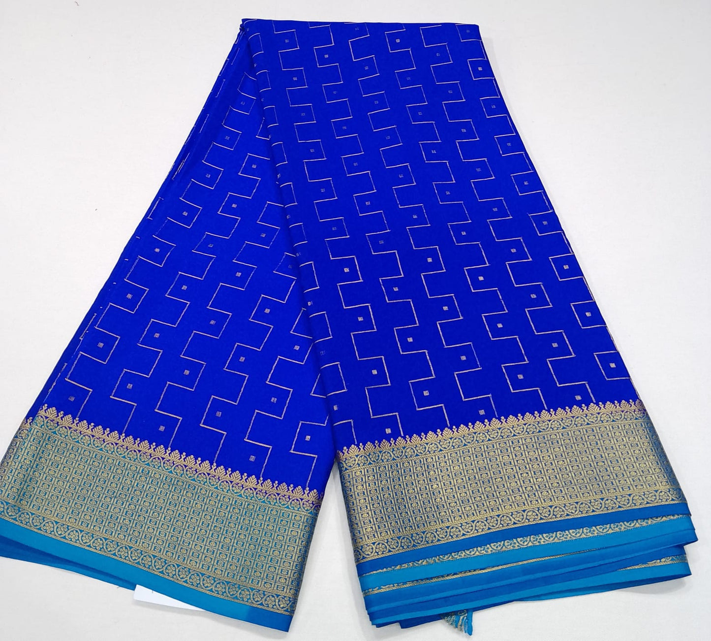 Royal Blue & Aqua Blue Pure Mysore Silk Saree with Gold Zari Border