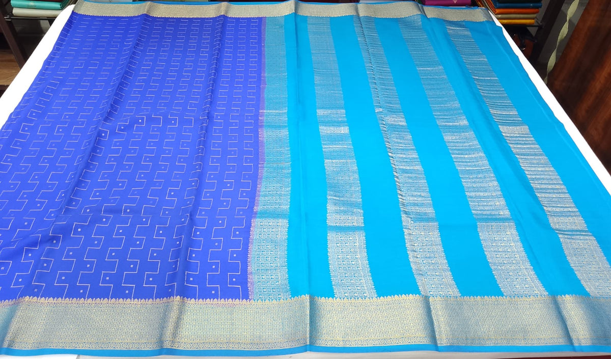 Royal Blue & Aqua Blue Pure Mysore Silk Saree with Gold Zari Border