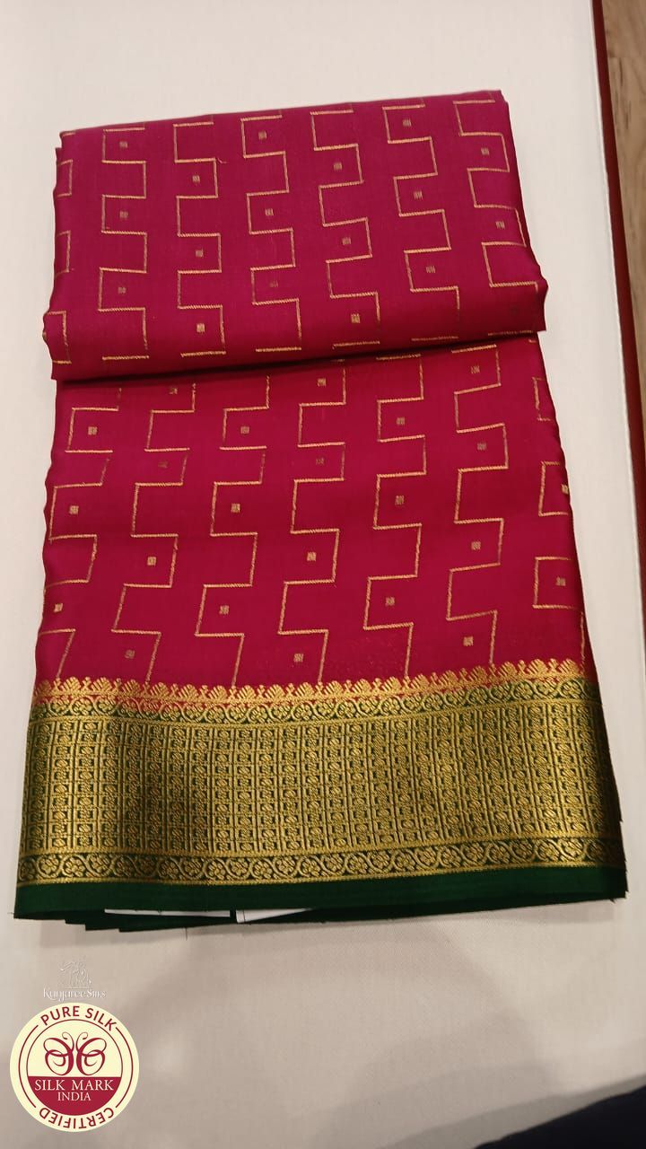 Pure Mysore Silk Saree – Rani Pink with Emerald Green Pallu & Rich Gold Zari Border