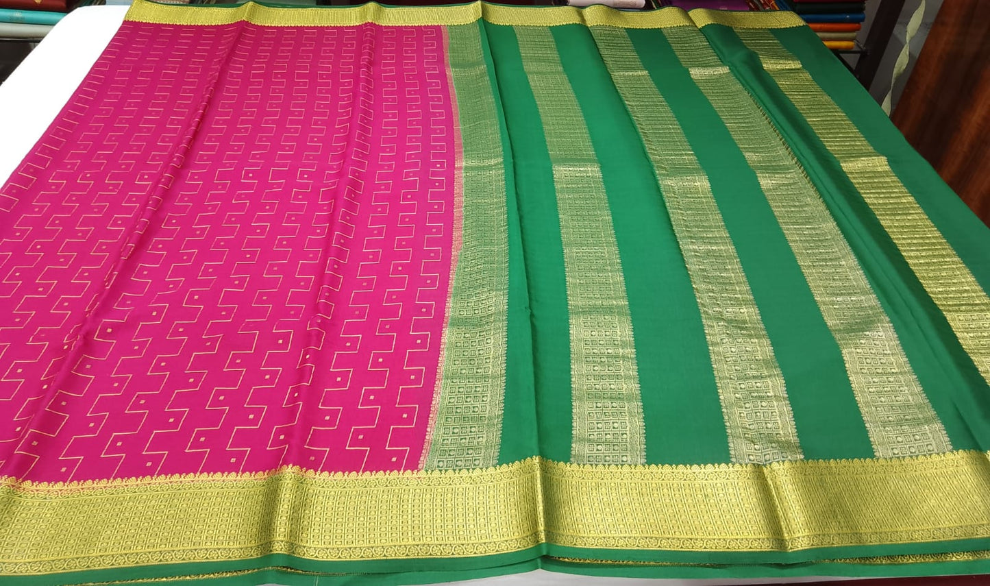 Pure Mysore Silk Saree – Rani Pink with Emerald Green Pallu & Rich Gold Zari Border