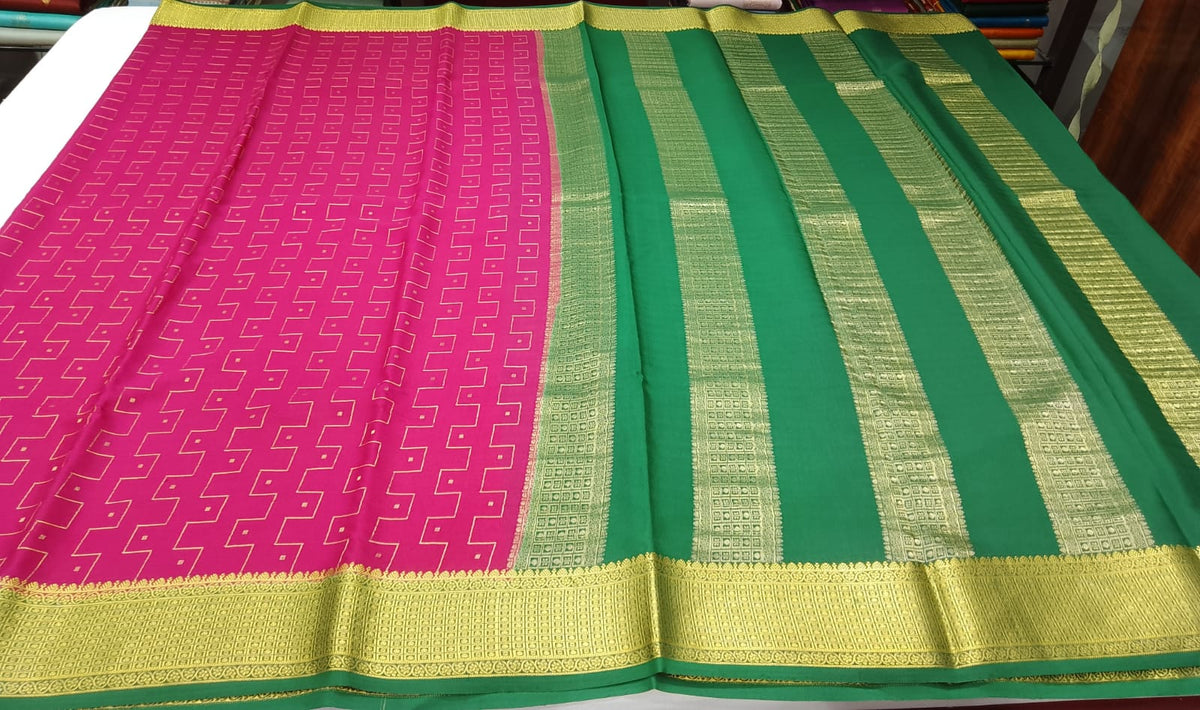 Pure Mysore Silk Saree – Rani Pink with Emerald Green Pallu & Rich Gold Zari Border