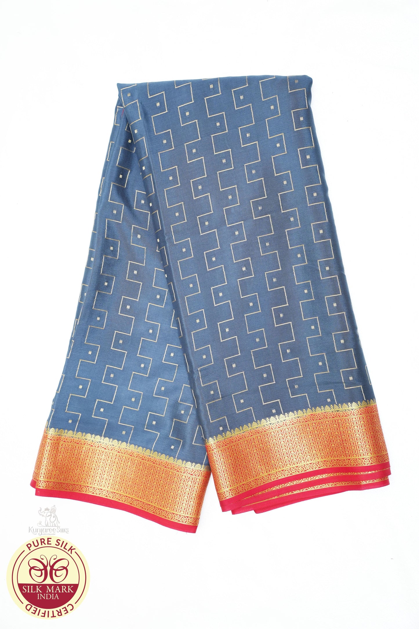 Pure Mysore Silk Saree in Slate Grey with Vermilion Red Pallu & Grand Gold Zari Border