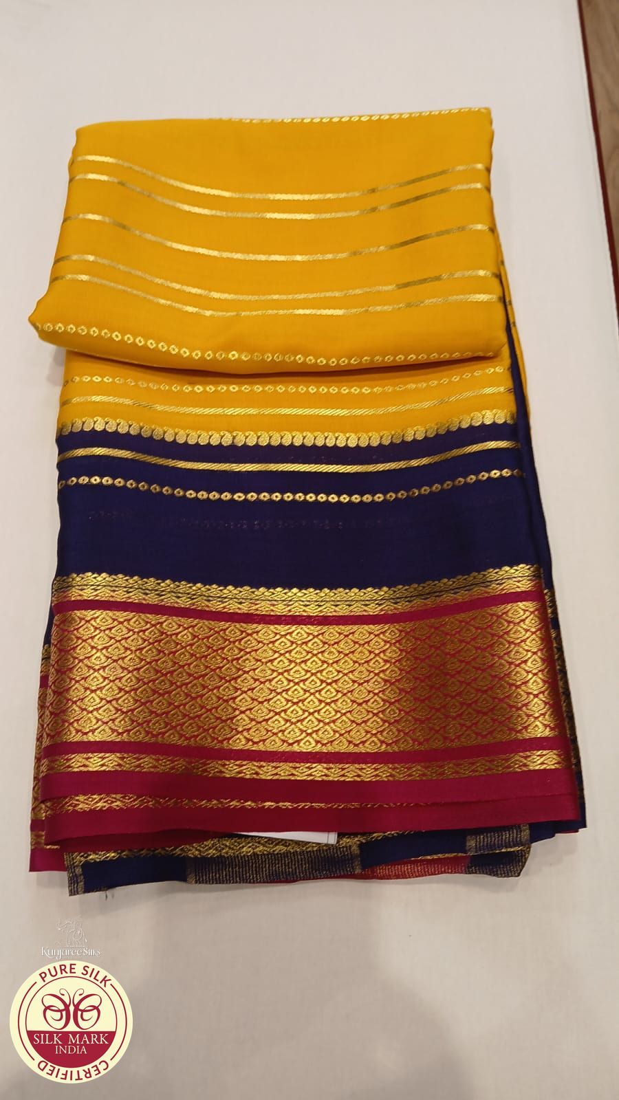 Pure Mysore Silk Saree in Mustard Yellow & Royal Blue