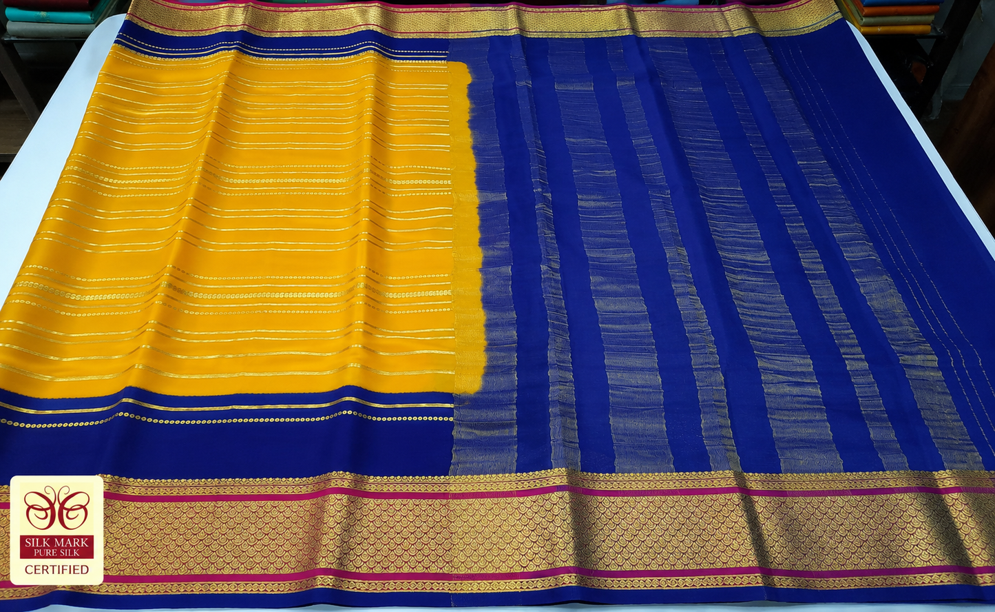 Pure Mysore Silk Saree in Mustard Yellow & Royal Blue