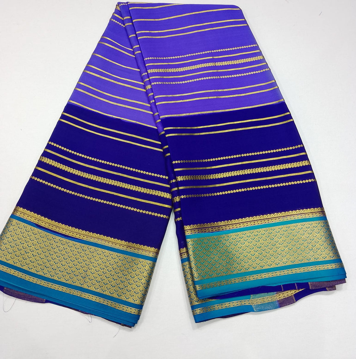Pure Mysore Silk Saree in Royal Violet & Aqua Blue with Gold Zari Stripes