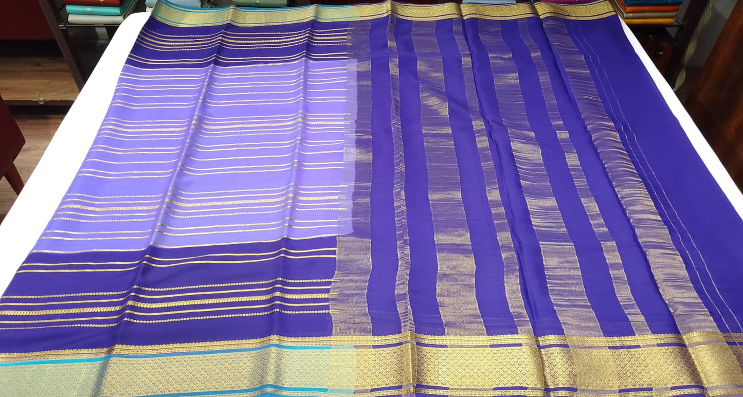Pure Mysore Silk Saree in Royal Violet & Aqua Blue with Gold Zari Stripes
