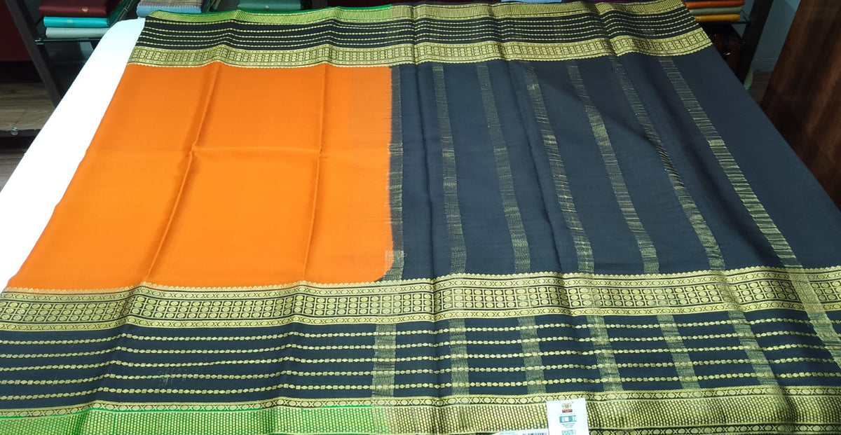 Pure Mysore Silk Saree in Mango Orange & Midnight Black with Rich Zari Border