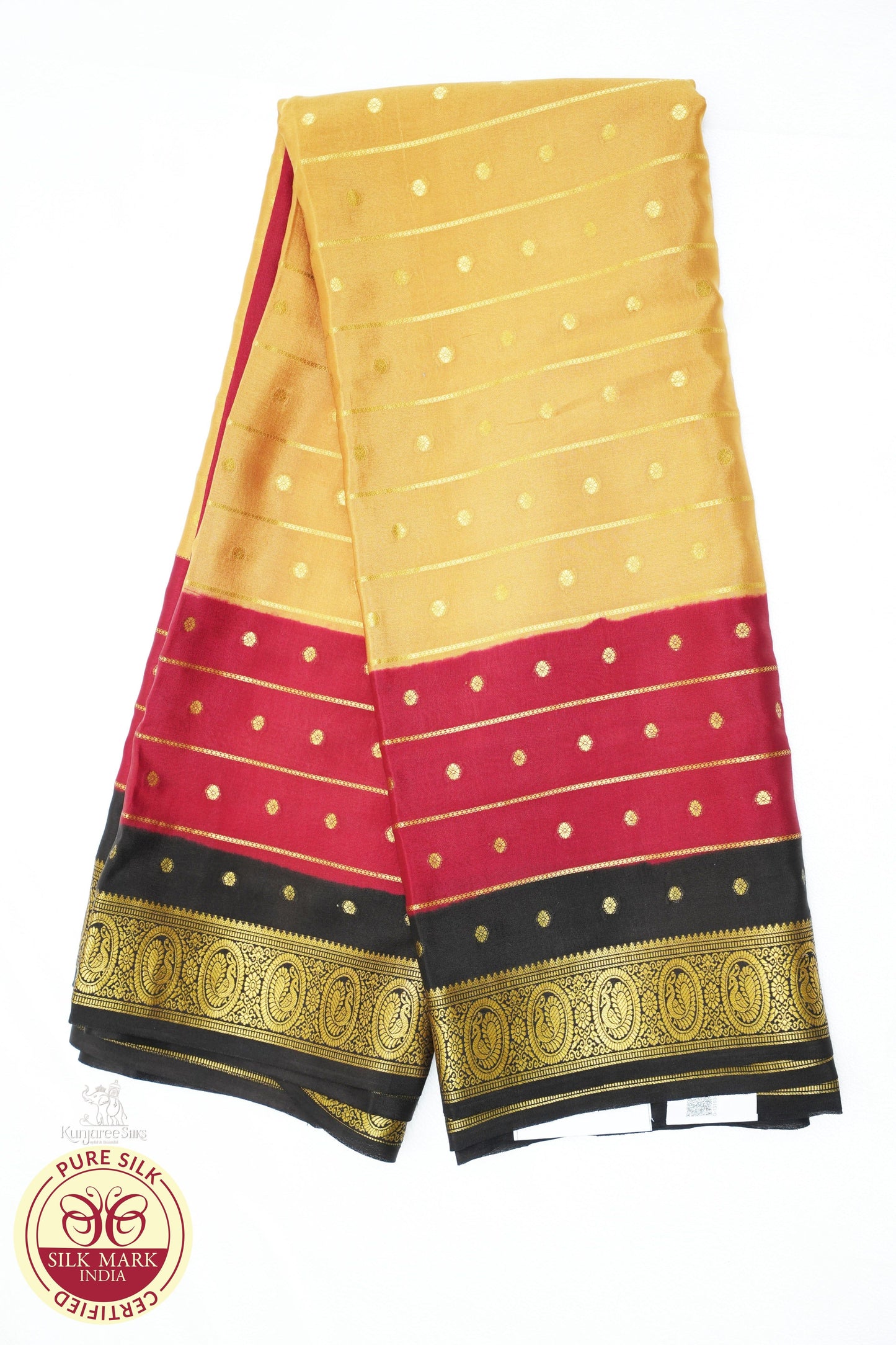 Pure Mysore Silk Saree in Champagne Gold & Deep Rose Pink with Zari Buttas