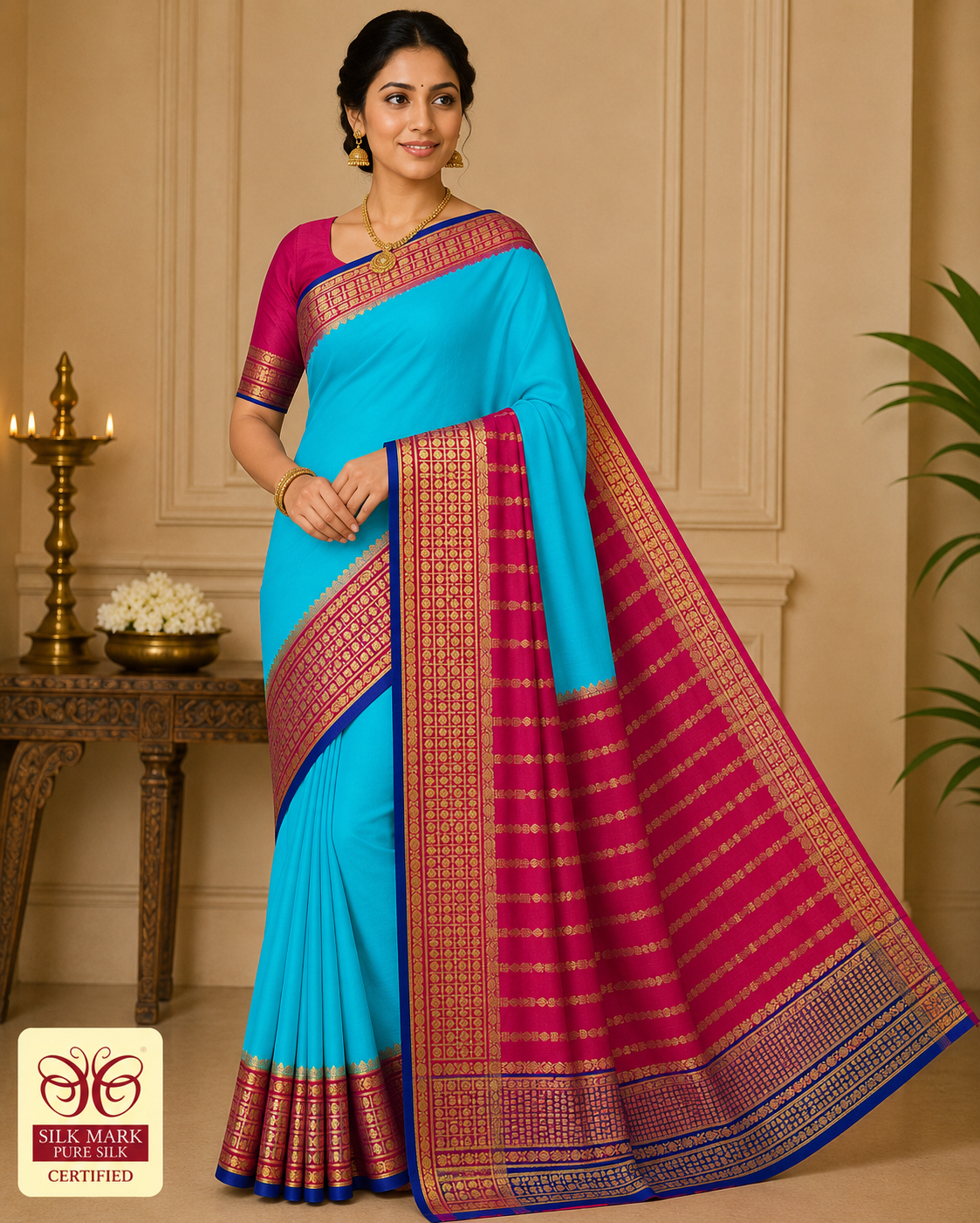 Pure Mysore Silk Saree in Aqua Blue & Rose Pink with Traditional Zari Border