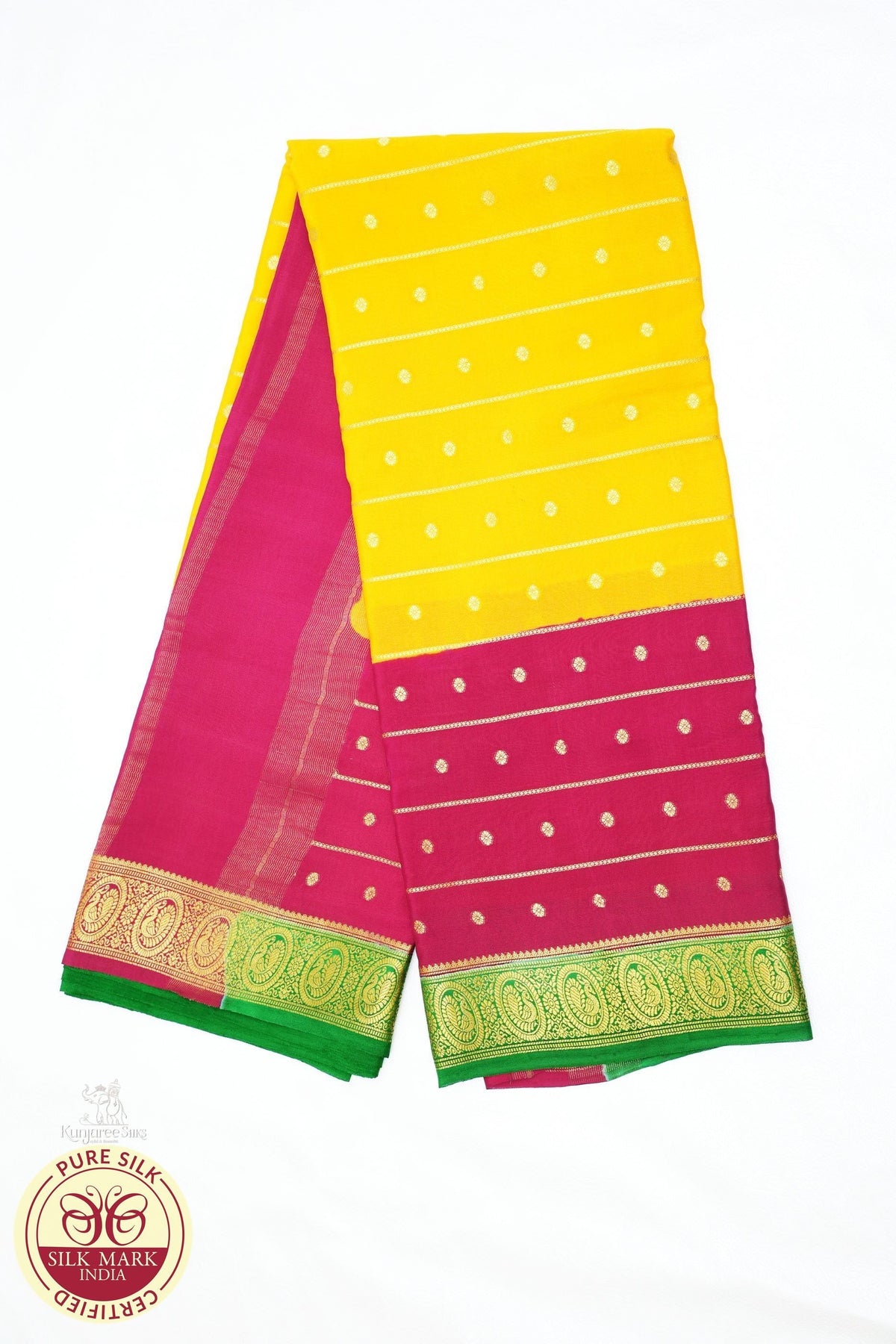 Pure Mysore Silk Saree in Golden Yellow & Rani Pink with Zari Buttas
