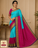 Pure Mysore Silk Saree in Aqua Blue & Rani Pink with Zari Buttas