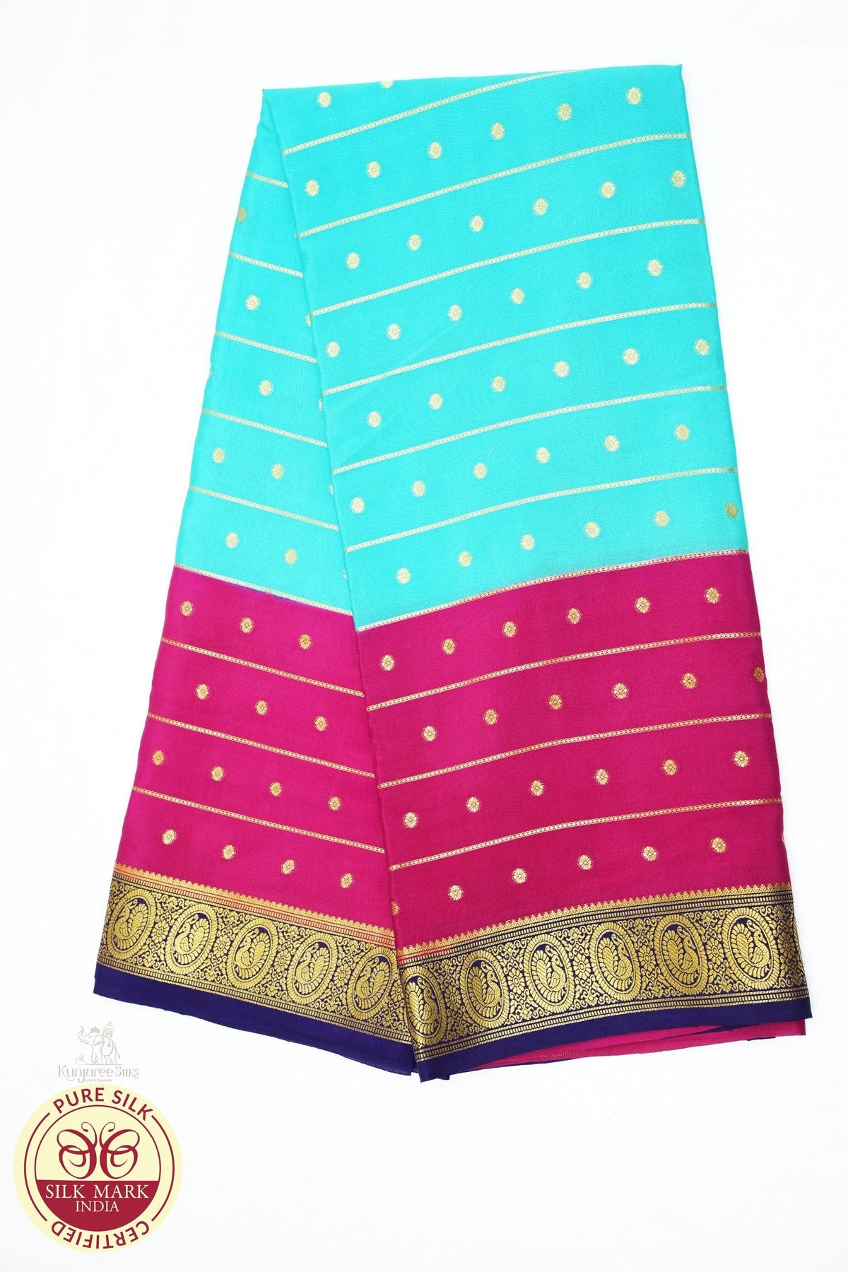 Pure Mysore Silk Saree in Aqua Blue & Rani Pink with Zari Buttas