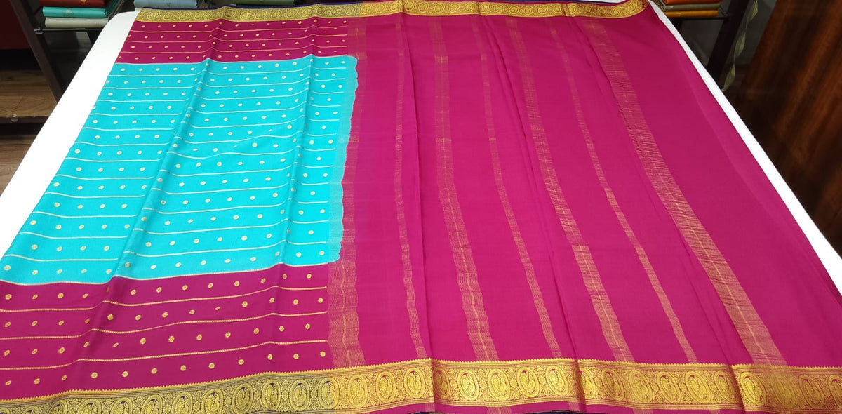 Pure Mysore Silk Saree in Aqua Blue & Rani Pink with Zari Buttas
