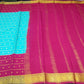 Pure Mysore Silk Saree in Aqua Blue & Rani Pink with Zari Buttas