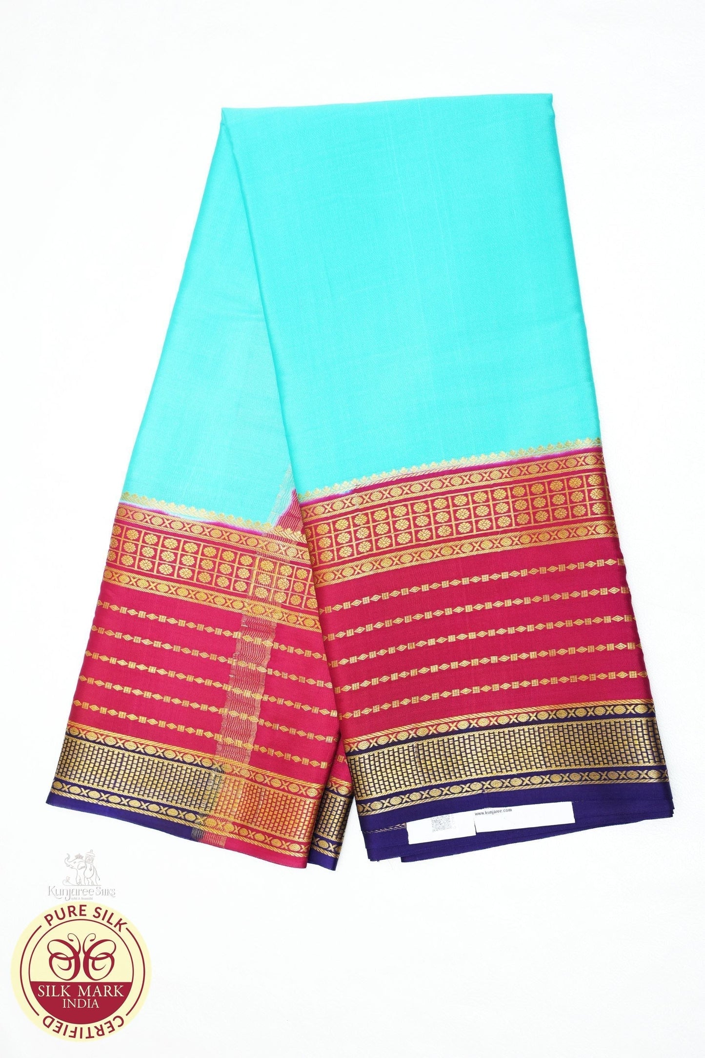 Pure Mysore Silk Saree in Aqua Blue & Rose Pink with Traditional Zari Border