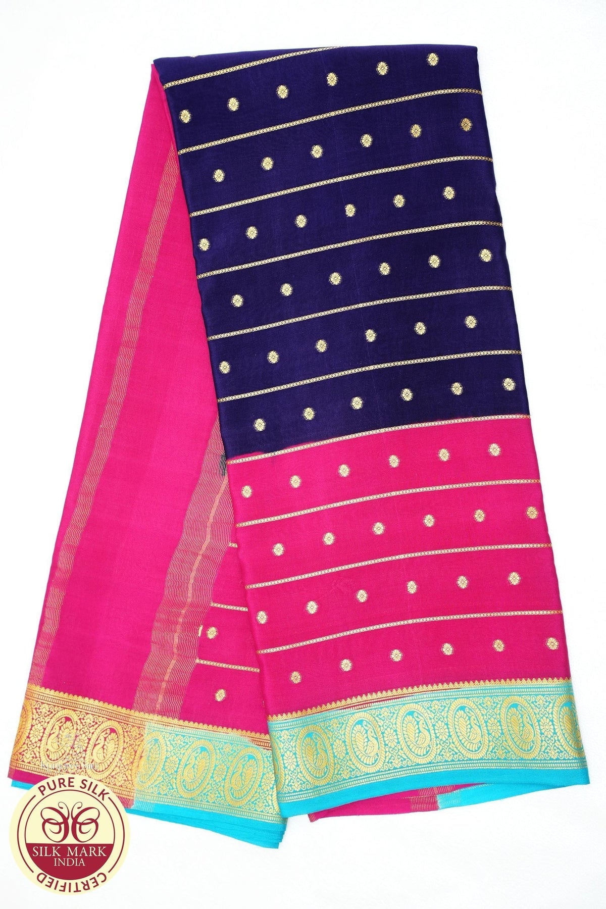 Pure Mysore Silk Saree in Royal Blue & Rani Pink with Zari Buttas
