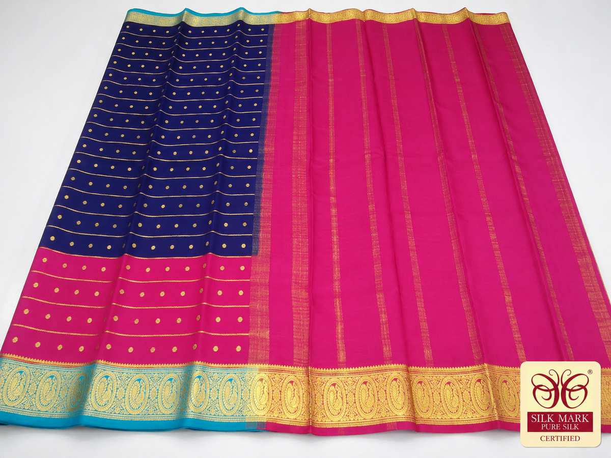 Pure Mysore Silk Saree in Royal Blue & Rani Pink with Zari Buttas