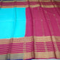 Pure Mysore Silk Saree in Aqua Blue & Rose Pink with Traditional Zari Border