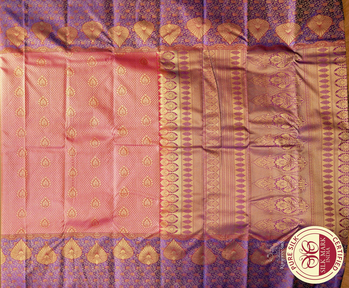 Rasberry Pink with Purple Gold border Kanjivaram Pure Silk Saree