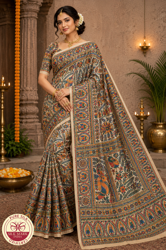 Pure Tussar Ghicha Silk Saree with Madhubani Hand Painting