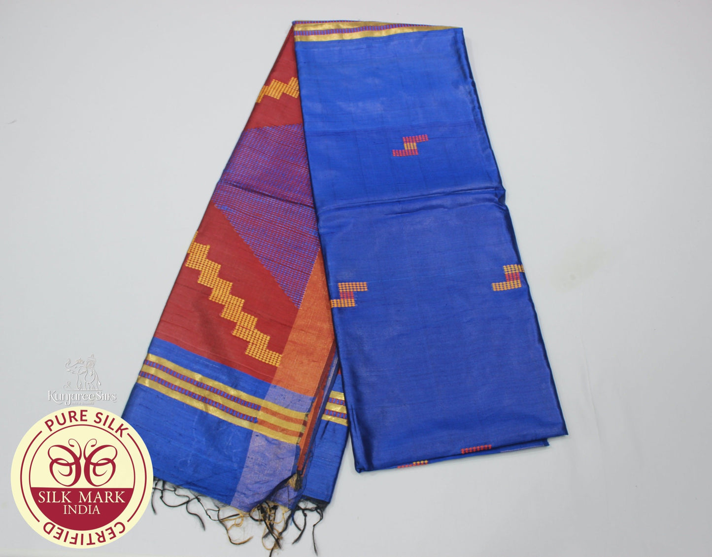 Pure Tussar Silk Saree – Royal Blue with Rust Red Elegance