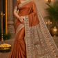 Rust-brown Pure Tussar Silk Saree with Madhubani Hand Painting