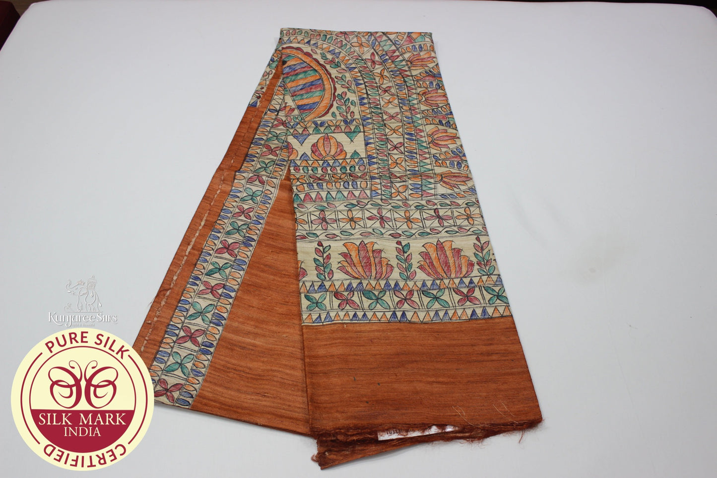 Rust-brown Pure Tussar Silk Saree with Madhubani Hand Painting