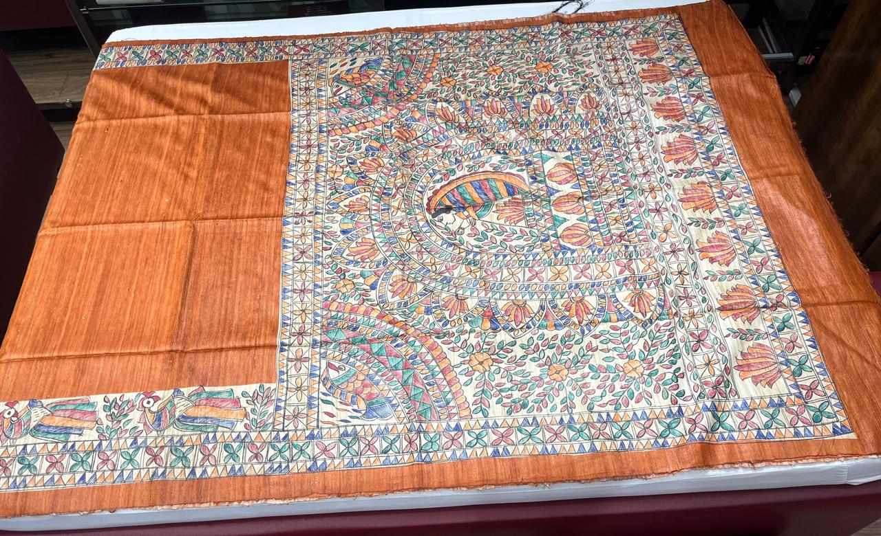 Rust-brown Pure Tussar Silk Saree with Madhubani Hand Painting