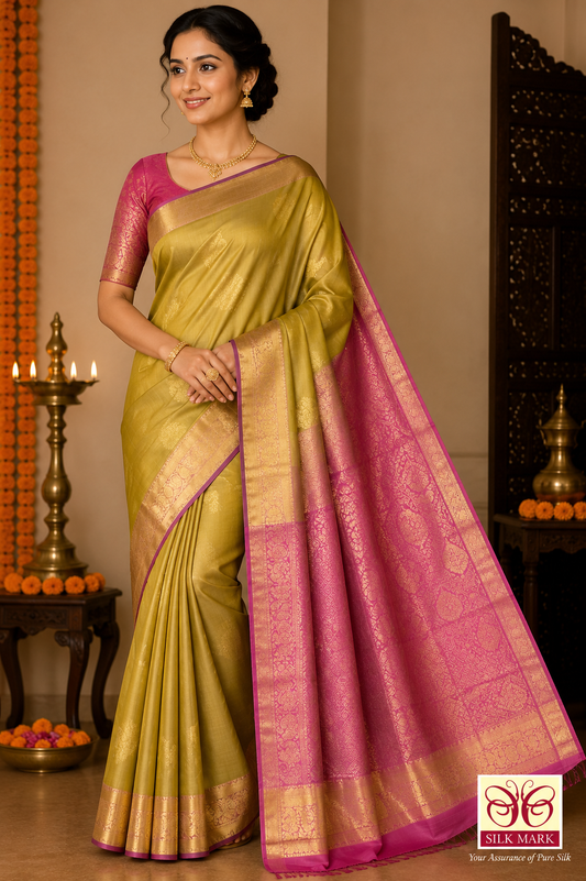 Kanjivaram Dual Tone Saree – Olive Gold & Rani Pink with Rich Zari Weaving