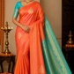 Kanjivaram Borderless Saree – Sunset Orange & Aqua Green with Rich Zari