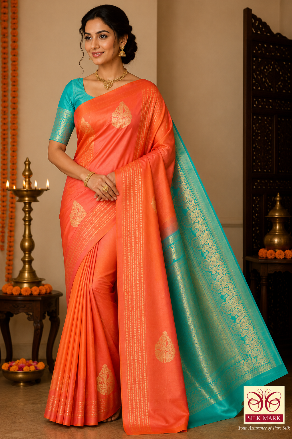 Kanjivaram Borderless Saree – Sunset Orange & Aqua Green with Rich Zari
