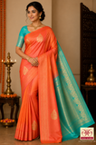 Kanjivaram Borderless Saree – Sunset Orange & Aqua Green with Rich Zari