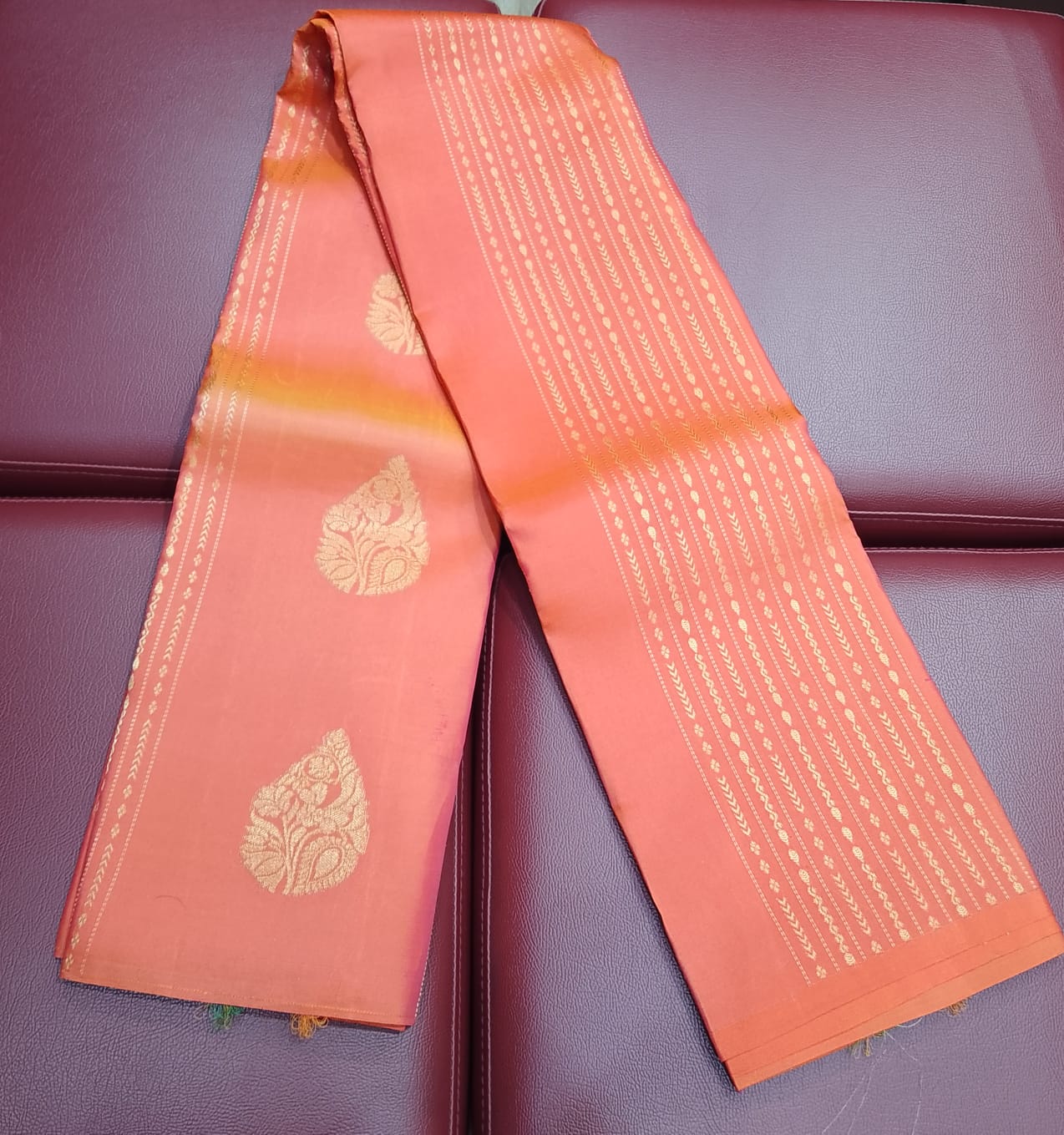 Kanjivaram Borderless Saree – Sunset Orange & Aqua Green with Rich Zari