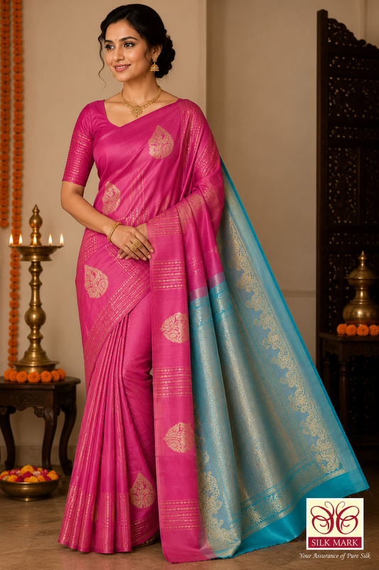Kanjivaram Borderless Saree – Rani Pink & Aqua Blue with Elegant Zari