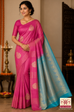 Kanjivaram Borderless Saree – Rani Pink & Aqua Blue with Elegant Zari